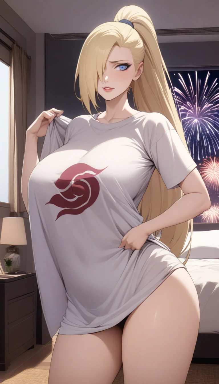 masterpiece, best quality, very aesthetic, absurdres, 1girl, mature_lady,taking_off_clothes,t-shirt,,yamanaka_ino, naruto_(series), naruto_shippuuden, blonde_hair, long_hair, high_ponytail, hair_over_one_eye, blue_eyes,large_breasts,,in bedroom,gorgeous Fireworks in sky,