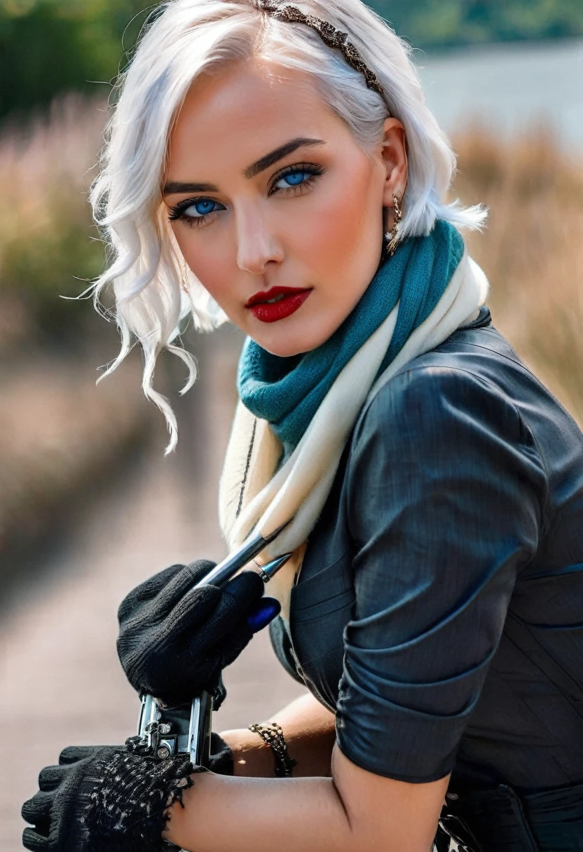 A fierce woman with short white hair and piercing blue eyes sits outdoors, her black gloves gripping a weapon as she stares directly at the viewer. Her lips are slightly parted, revealing a hint of danger as she holds her ground against a blurry background. She wears elegant jewelry and a scarf, adding a touch of sophistication to her otherwise intense appearance.