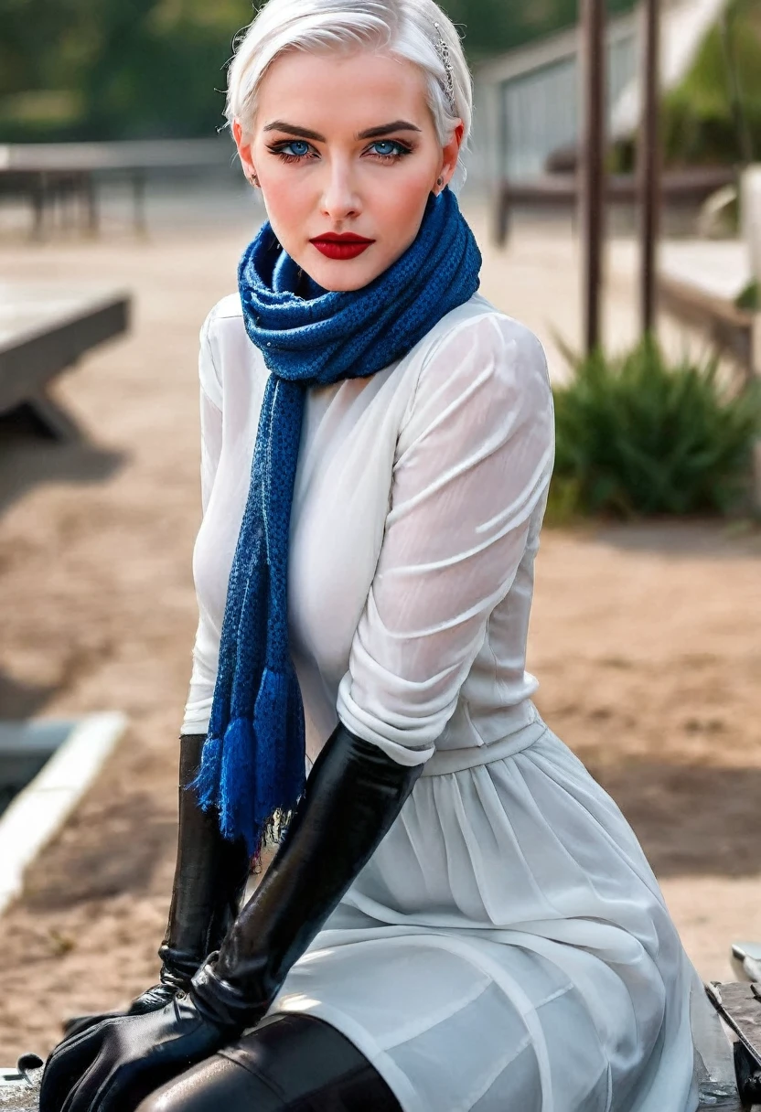 A fierce woman with short white hair and piercing blue eyes sits outdoors, her black gloves gripping a weapon as she stares directly at the viewer. Her lips are slightly parted, revealing a hint of danger as she holds her ground against a blurry background. She wears elegant jewelry and a scarf, adding a touch of sophistication to her otherwise intense appearance.