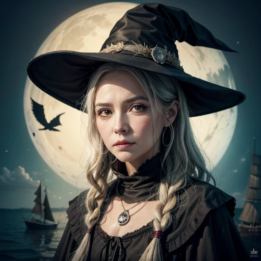 há uma old witch em uma ilha,pitata boat,art cg,old witch,portraite,arte kawaii