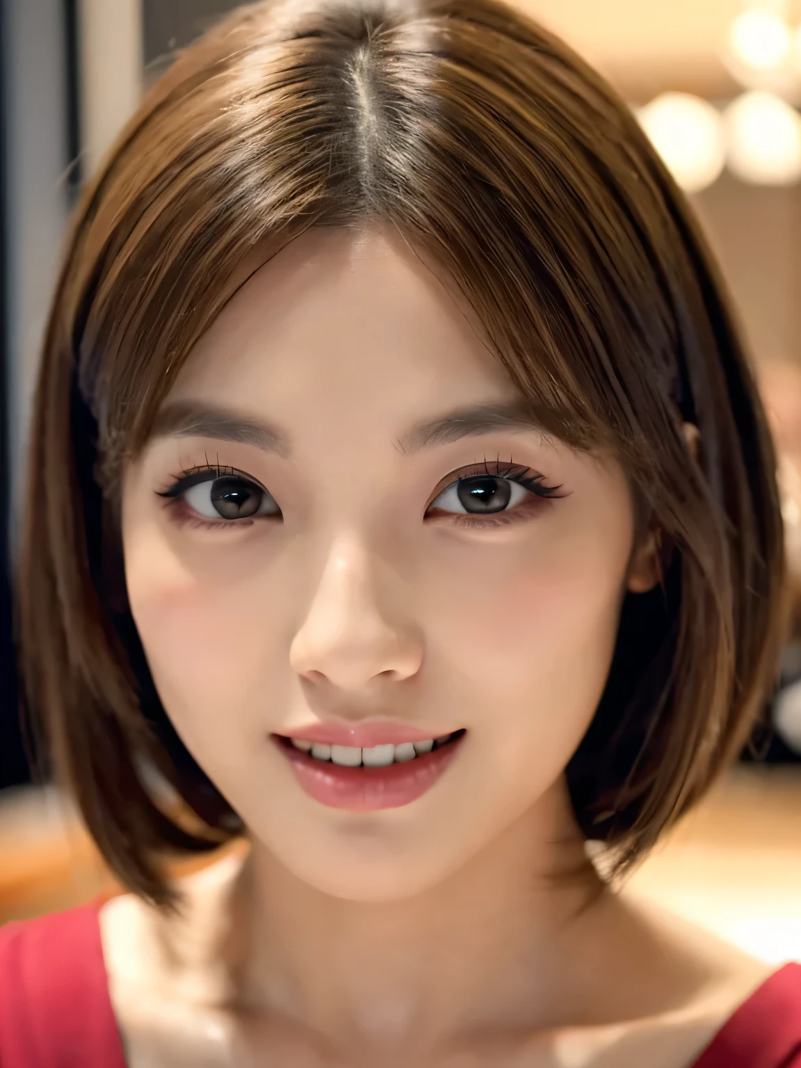 8k, RAW Photos, Highest quality, masterpiece, Head shot from the front、One Japanese woman、28-year-old housewife、Perfect Makeup、Dark eyeliner、Red eyeshadow、Glossy dark pink lips、Big Laugh、Symmetrical eyes、Clear Eyes、Highly detailed eyes、Highly detailed face, Fine skin, Sharp focus, Blurred Background、Shiny light brown hair、Perfect studio lighting、Portrait、Watching the audience、