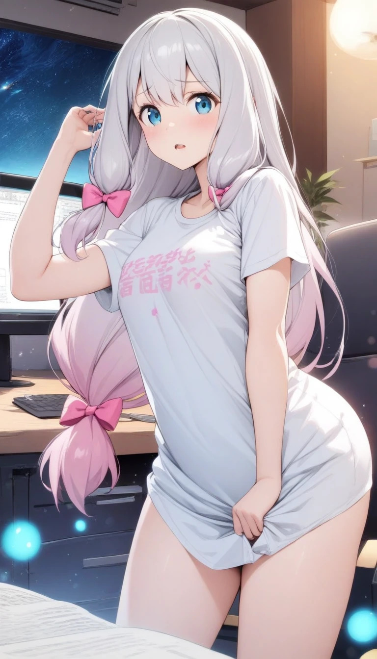 masterpiece, best quality, very aesthetic, absurdres, 1girl, mature_lady,taking_off_clothes,t-shirt,,izumi_sagiri, eromanga_sensei, blue_eyes, grey_hair, white_hair, pink_hair_bow, long_hair, low-tied_long_hair,,in office,,glowing stardust frontground,fantasy,sparkling,fireflies,