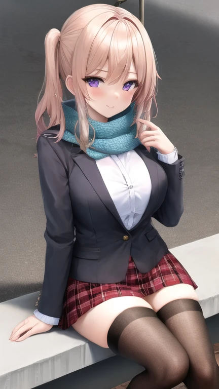 masterpiece, best quality, 1girl, sitting, city, white hair, long hair, purple eyes, buttoned shirt, jacket, scarf, skirt, thigh highs