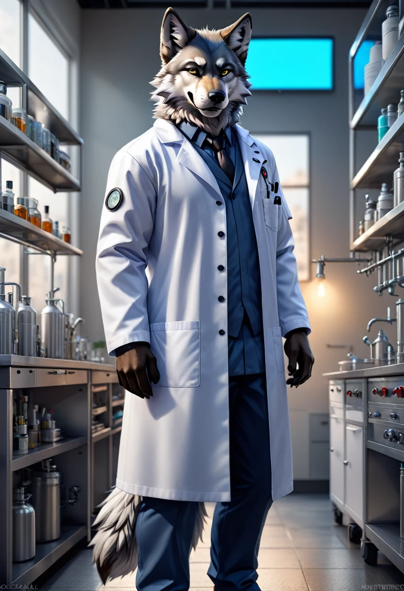 furry character, full body, male, wolf, lab coat, detailed background, 8K, (masterpiece:1.5), intricate details, highly detailed, extreme detail, octane render, fine art, best quality, highres, (detailed face:1.5), ((full_body)), UHD, (((perfect hands))),looking at viewer, ArtemisiaXL