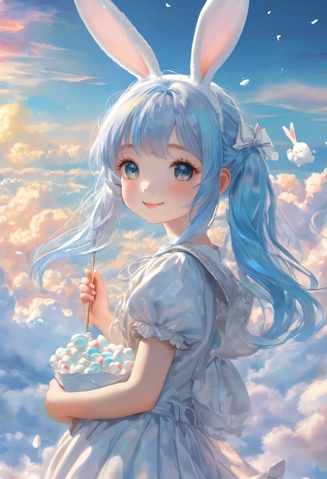 fluffy, soft ((Highest quality)), ( Very detailed, Best details, Official Art, Beauty and aesthetics: 1.2), Depth of the written border, composition, whole body, (a bit), (Beautiful and detailed: 1.3), (wonderful:1), Colorful clouds blurred background、Bunny Morphing Girl, fluffy, soft ((Highest quality)), ( Very detailed, Best details, Official Art, Beauty and aesthetics: 1.2), Depth of the written border, composition, whole body, (a bit), (Beautiful and detailed: 1.3), (wonderful:1), Colorful clouds blurred background,One girl, Beautiful girl with long light blue hair and twin tails, eating fluffy marshmallows, bright smile, white fluffy costume