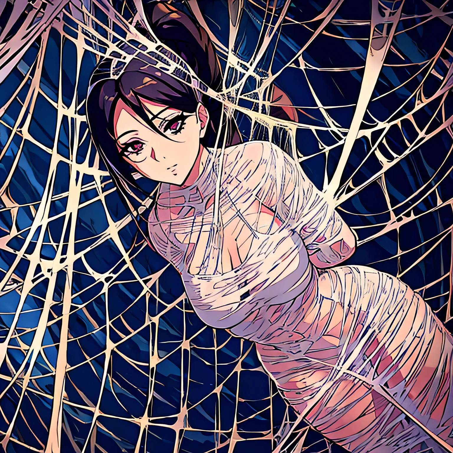 a very sexy woman entangled and captivated in the spider's web, She's stretched in the web and she's tryin to break free