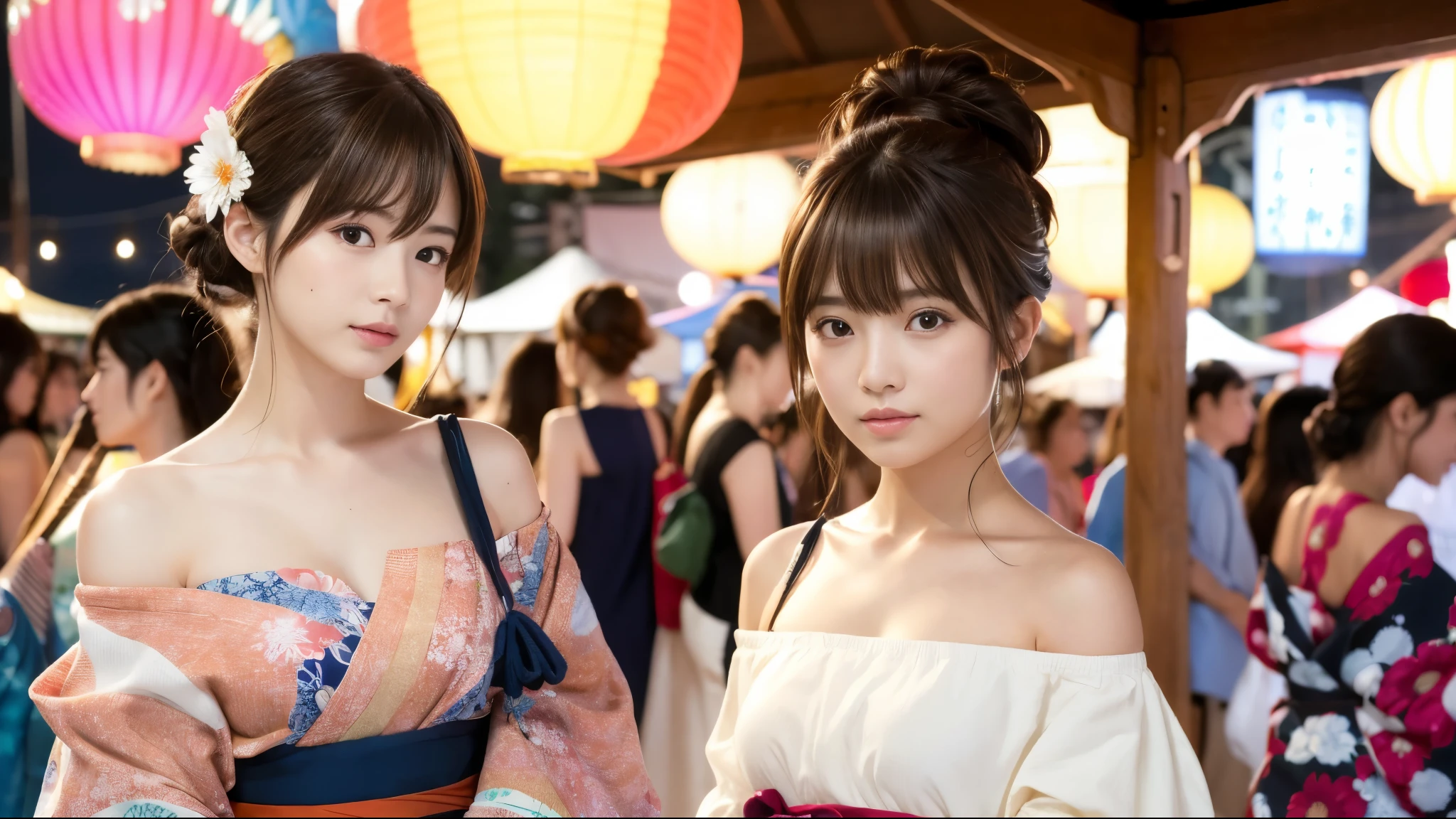 Ultra-high resolution, Superior Quality, Highest quality, Super detailed, Realistic, 8k, RAW Photos, Highest quality, masterpiece, Attractive girl, A wonderful girl, Brown Hair, Shoulder-length layered, Asymmetrical bangs, Japanese Idols, Sophisticated, stylish, Off-the-shoulder tops, Summer festival,firework、stall、Cute yukata 