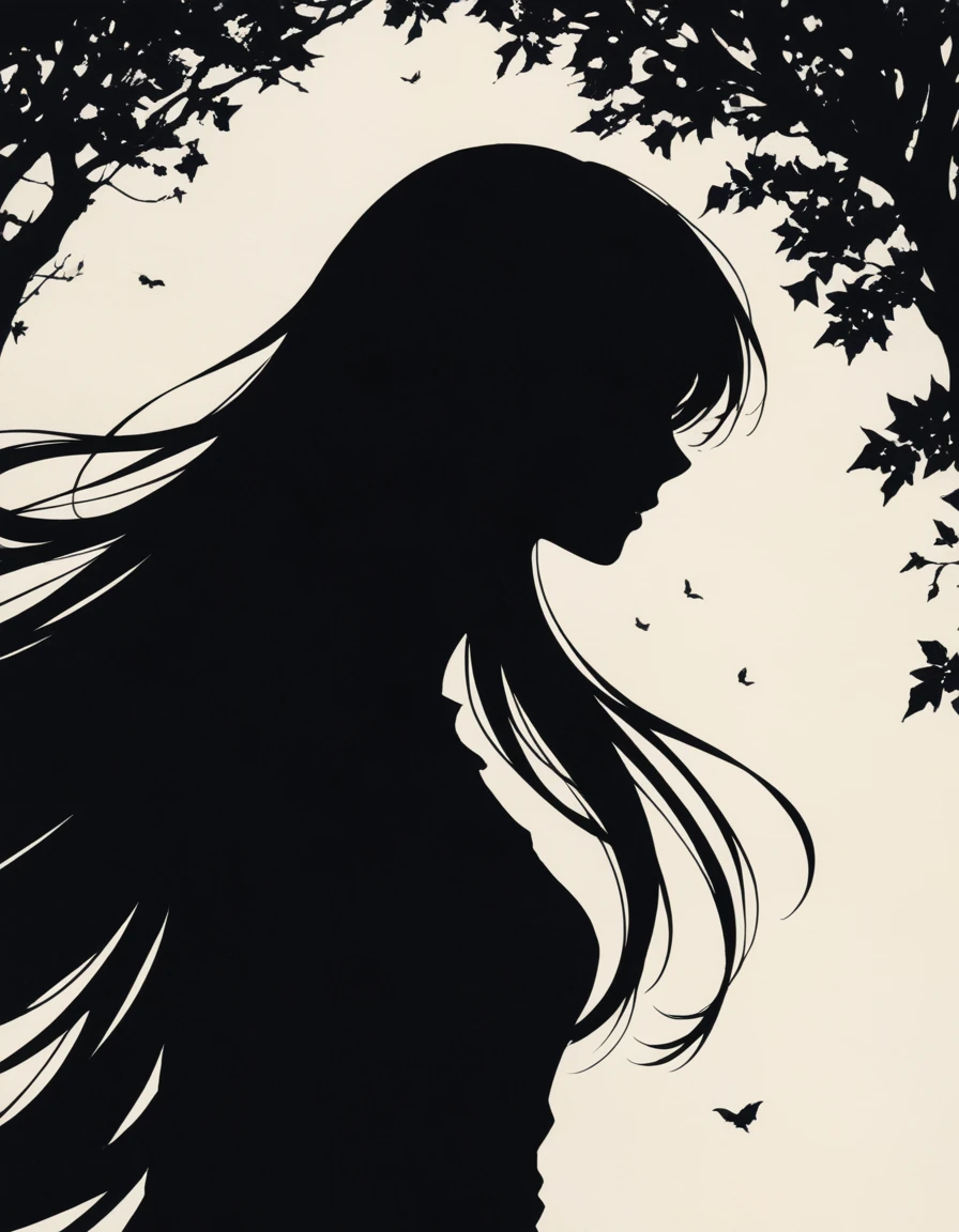 a pitch black setting with a silhouette of a beautiful long haired woman , magic, silhouette, Black and white, tree silhouette Nu Goth Art, Cartelcore, bw, woodcut, Side light, watercolor paints, Amaro, Abstract, Velvia, flickr, pixiv, One color