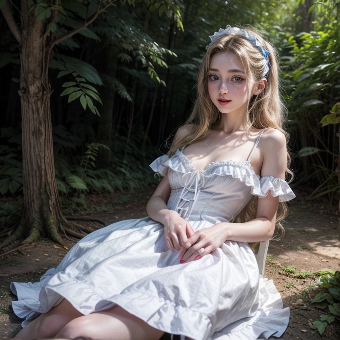 emily rudd, in Alice in Wonderland , ultra realistic high quality image, White skin, Red lips, blue eyes, White dress, ta, small breasts,