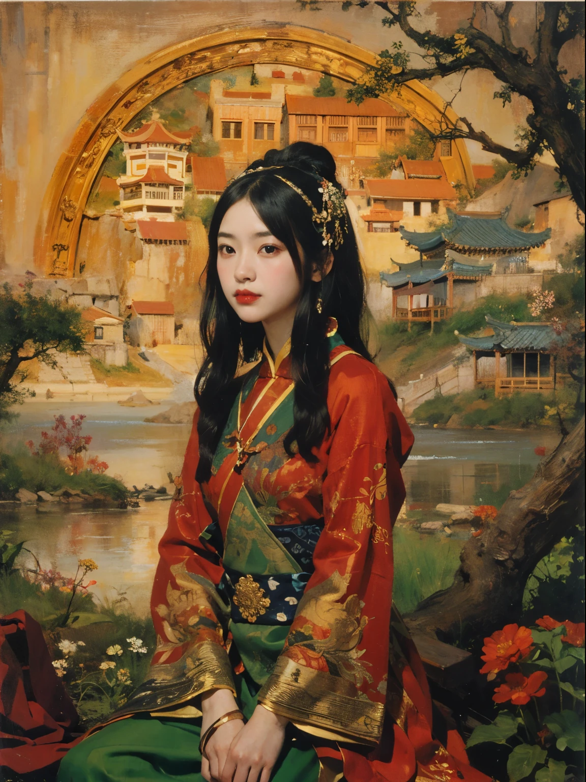 Best quality,masterpiece,(Oil painting:1.5),A lady with long black hair,Exquisite facial features,Headgear,Sitting in front of a Chinese landscape painting,Red Dress,(Amy Saul:0.248),(Stanley Liu:0.106),(A detailed painting:0.353),(Renaissance classical oil painting style:0.8)