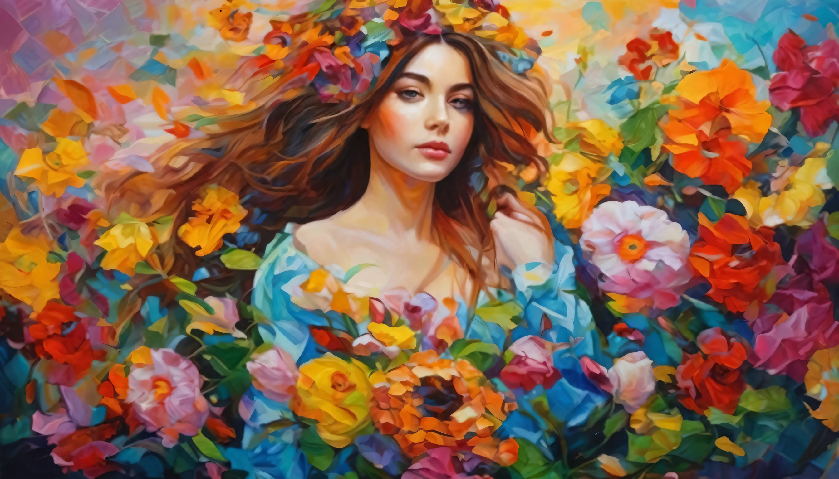 girl in flowers, colorful, oil painting, insane colors, oil colors, high quality, high detail