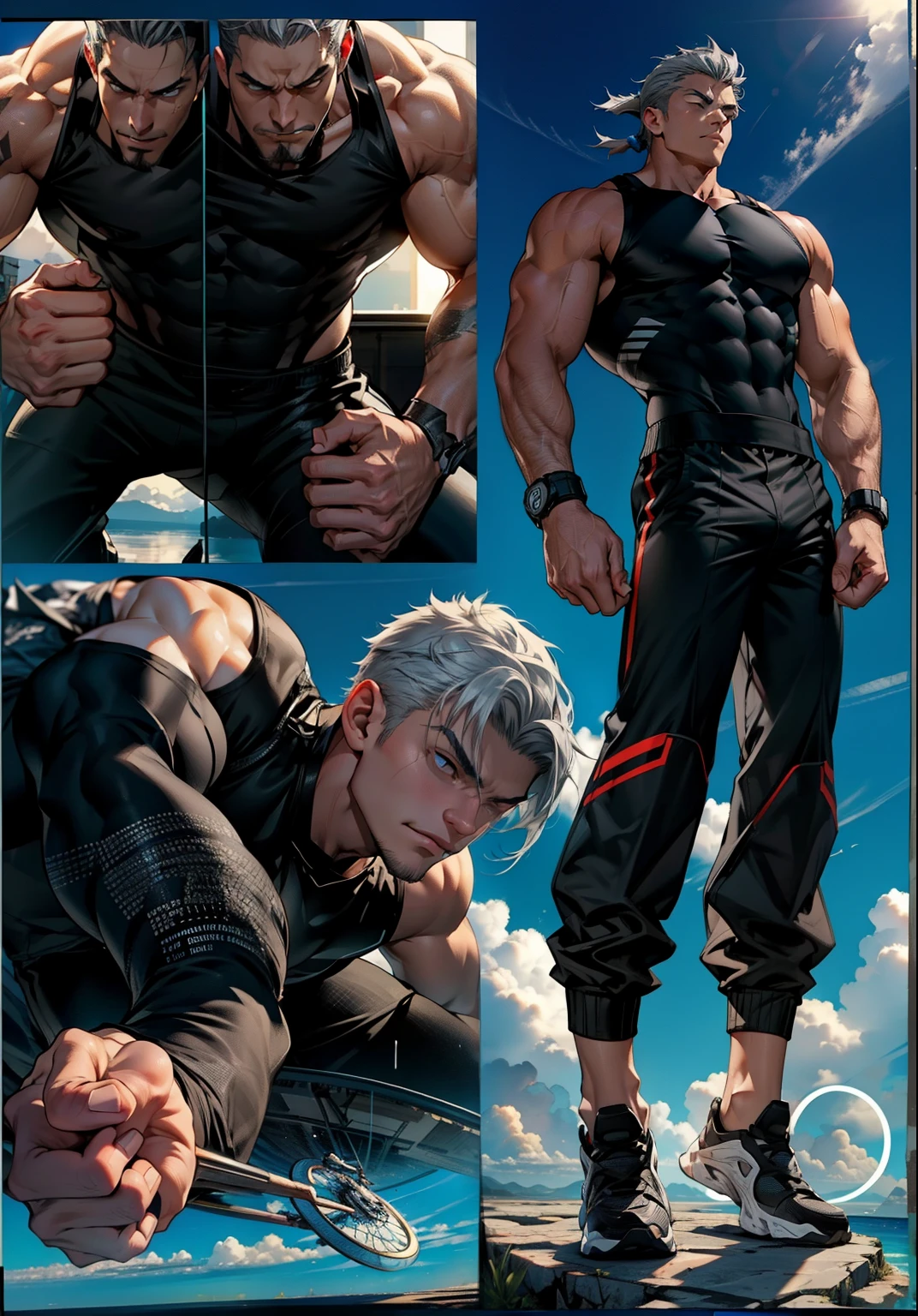 boys 26 Years old, Serious face, muscular, ((black singlets)), black pants, gray hair, floating on air, levitate on sky, blue sky, cloud