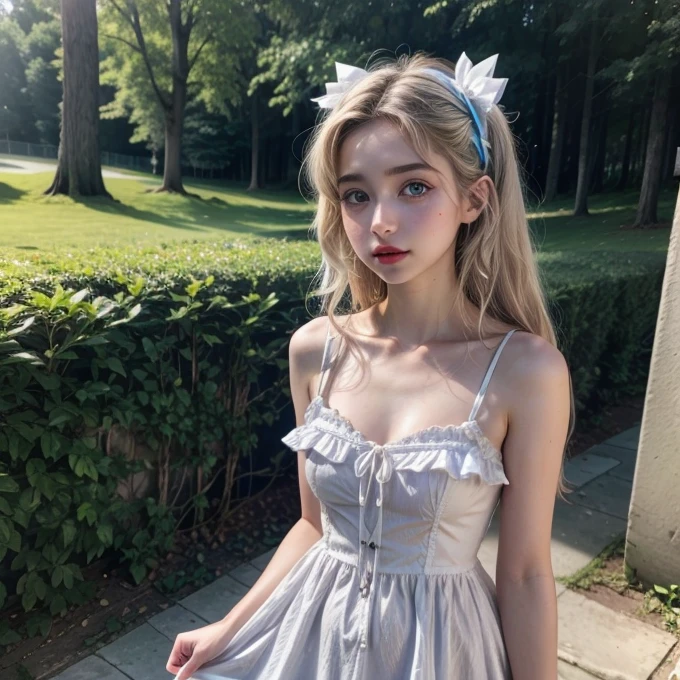 emily rudd, in Alice in Wonderland , ultra realistic high quality image, beautiful face, White skin, Red lips, blue eyes, (White dress, ta style, ) small breasts, short dress
