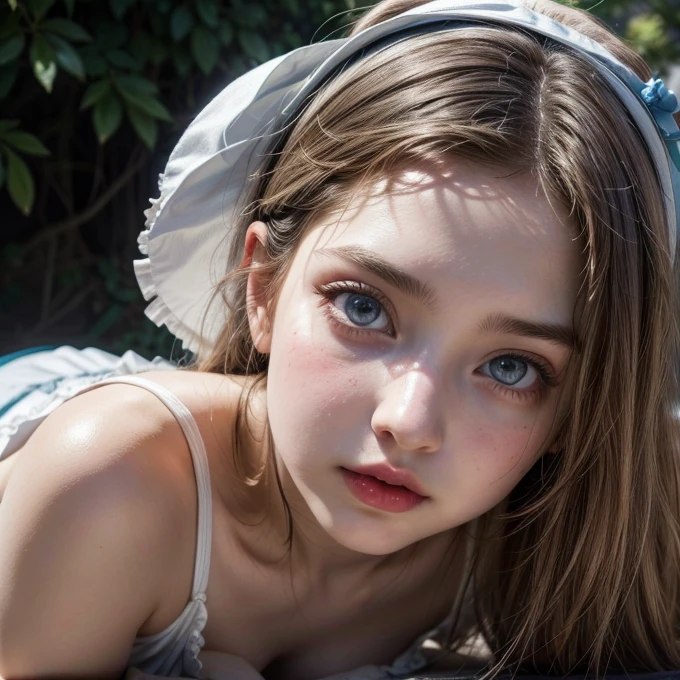 emily rudd, in Alice in Wonderland , ultra realistic high quality image, beautiful face, White skin, Red lips, blue eyes, (White dress, ta style, ) small breasts, short dress