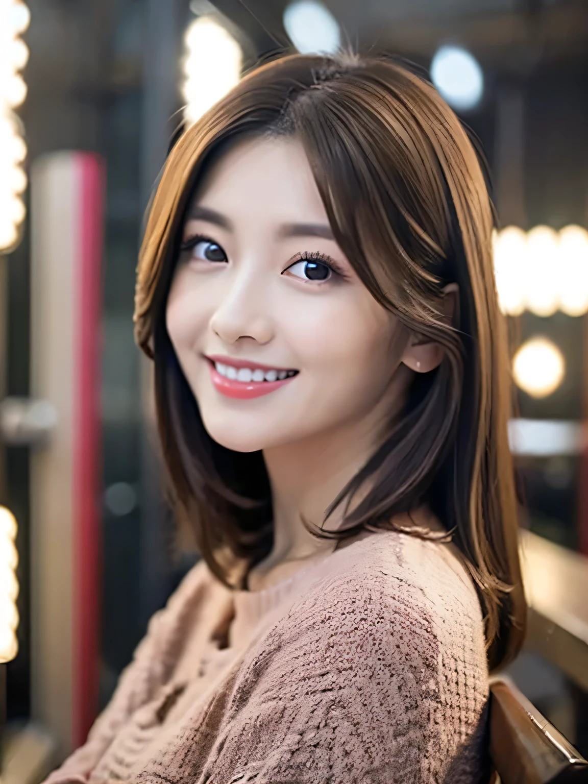8k, RAW Photos, Highest quality, masterpiece, Head shot from the front、One Japanese woman、28-year-old housewife、Perfect Makeup、Dark eyeliner、Red eyeshadow、Glossy dark pink lips、Big Laugh、Symmetrical eyes、Clear Eyes、Highly detailed eyes、Highly detailed face, Fine skin, Sharp focus, Blurred Background、Shiny light brown hair、Perfect studio lighting、Portrait、Watching the audience、