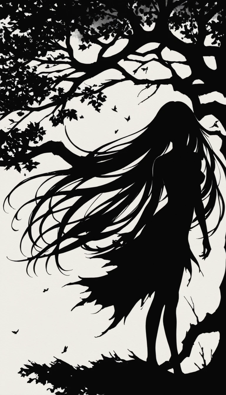a pitch black setting with a silhouette of a beautiful long haired naked woman , magic, silhouette, Black and white, tree silhouette Nu Goth Art, Cartelcore, bw, woodcut, Side light, watercolor paints, Amaro, Abstract, Velvia, flickr, pixiv, One color