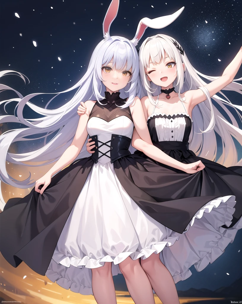 masterpiece, Highest quality, One personの女の子, One person, singing:1.4, Surrounded by the music score of light:1.4, Shiny pale yellow, Mouth wide open:1.2, Eyes closed, Right hand raised to the side, Left hand placed on chest:1.2, Small breasts.Long hair in the snow, Wearing a dress, skirt, フレアskirt, smile, Anime Fantasy, Flowing white hair, Fantasy Anime,Bunny ears:1.5. Ethereal Anime, Beautiful anime art, Beautiful digital art, Anime Fantasyアートワーク, Anime Fantasyアートワーク, Sheet, like a maiden in the grass
