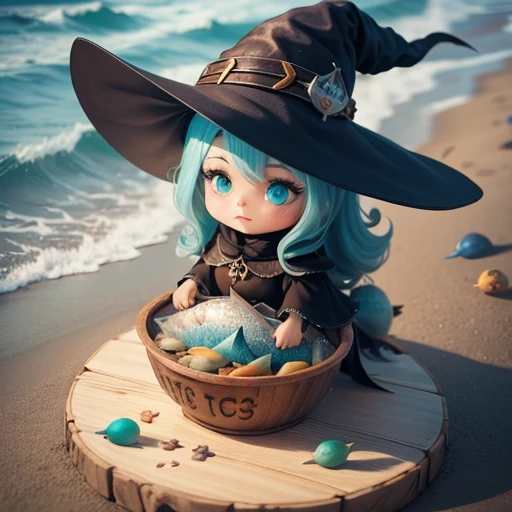 há uma witch em uma ilha com peixe na mão,art cg,witch,portraite,arte kawaii