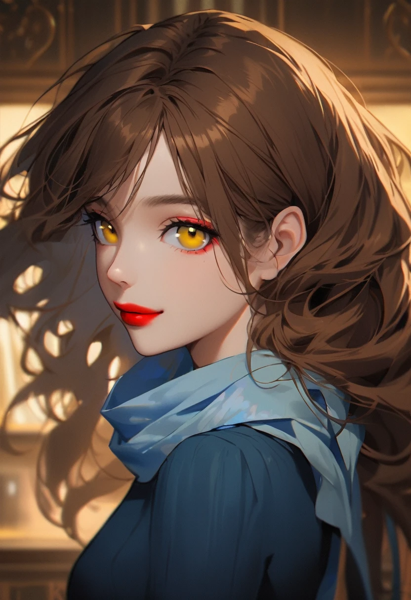 1girl, alone, long hair, looking at viewer, smile, bangs, brown hair, closed mouth, yellow eyes, upper body, blurry, sideways, makeup, lipstick, portrait, red lips, blue dress, bare shoulders, Light blue scarf, indoors,Away from the lurker,