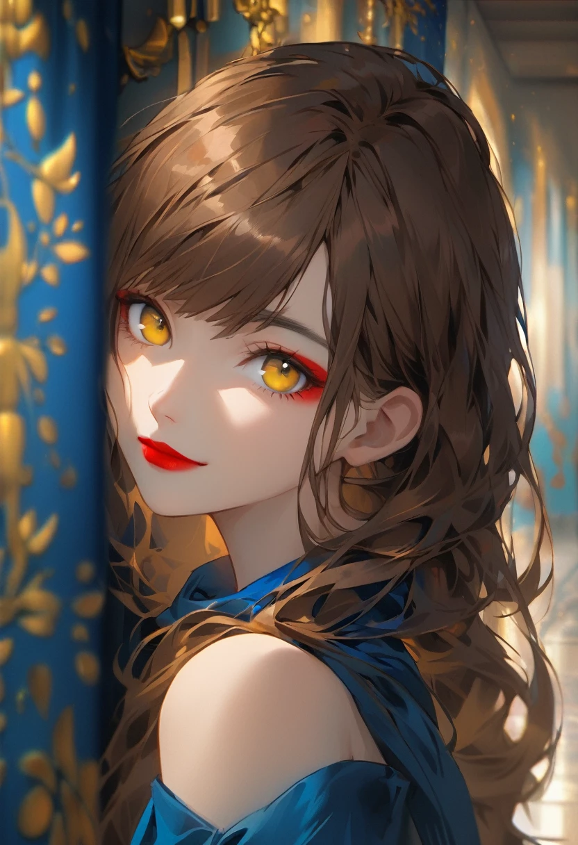 1girl, alone, long hair, looking at viewer, smile, bangs, brown hair, closed mouth, yellow eyes, upper body, blurry, sideways, makeup, lipstick, portrait, red lips, blue dress, bare shoulders, Light blue scarf, indoors,Away from the lurker,