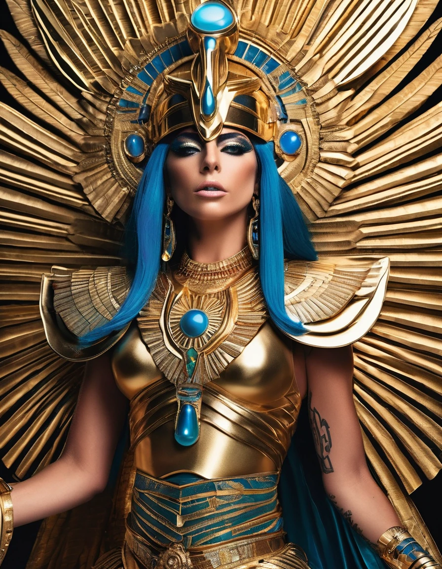Lady Gaga dressed in a hyper extravagant costume of the Egyptian goddess Horus (representing the sky) (best qualityer, realisitic, realisitic,, (Highly detailed face and skin texture), (fully body), (Complicated Detail: 1.2), (finely detail), (Complicated Detail), (cinematic lights, luz de fundo de best qualityer), lines sharp, sharp focus, offcial art, unity 8k wallpaper , absurdrez, unbelievably absurd, huge filesize, ultra girl , Fantasyart, RTX,((Closing-up photo by award-winning studio)), , (Shut your mouth), , perfect hands, beautiful detailed eyes, rosto perfeito fully body)