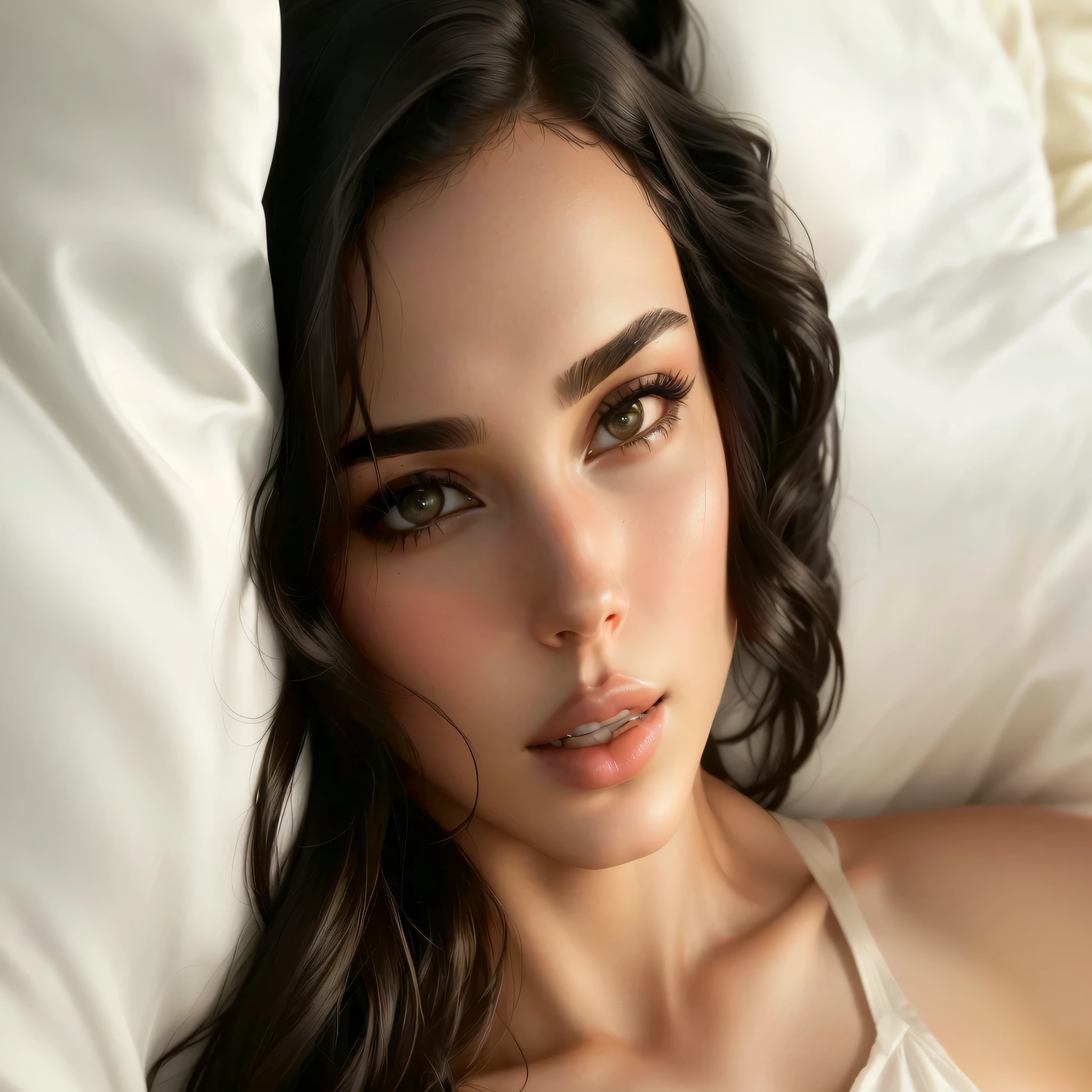 arafed woman laying in bed with white sheets and a white pillow, gorgeous latina face, face like gal gadot, gal gadot, gal gadot portrait, flawless olive skin, portrait of gal gadot, beautiful face and flawless skin, photo of the beauty gal gadot, beautiful face!!!!, gorgeous woman, stunning face, beautiful face