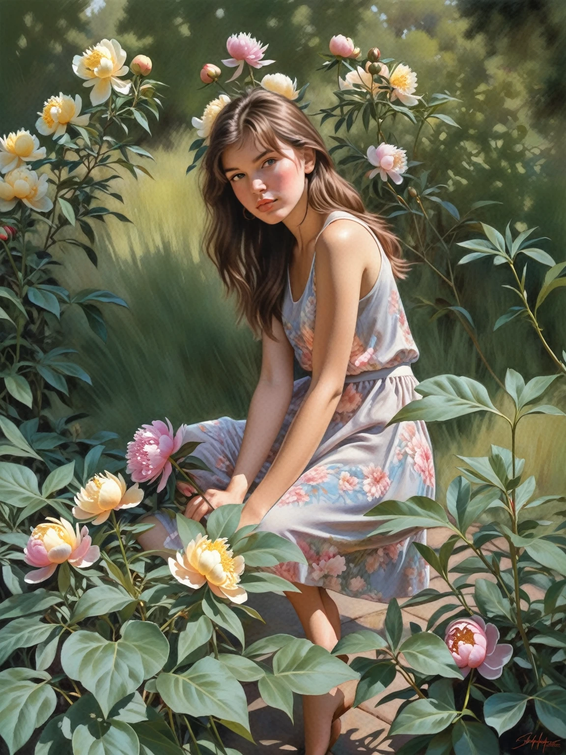 attractive young girl with peonies ((Steve Hanks style)), ((oil painting)), Bright color, ((tmasterpiece)), Impression, Extreme Detail, perspective, 8k