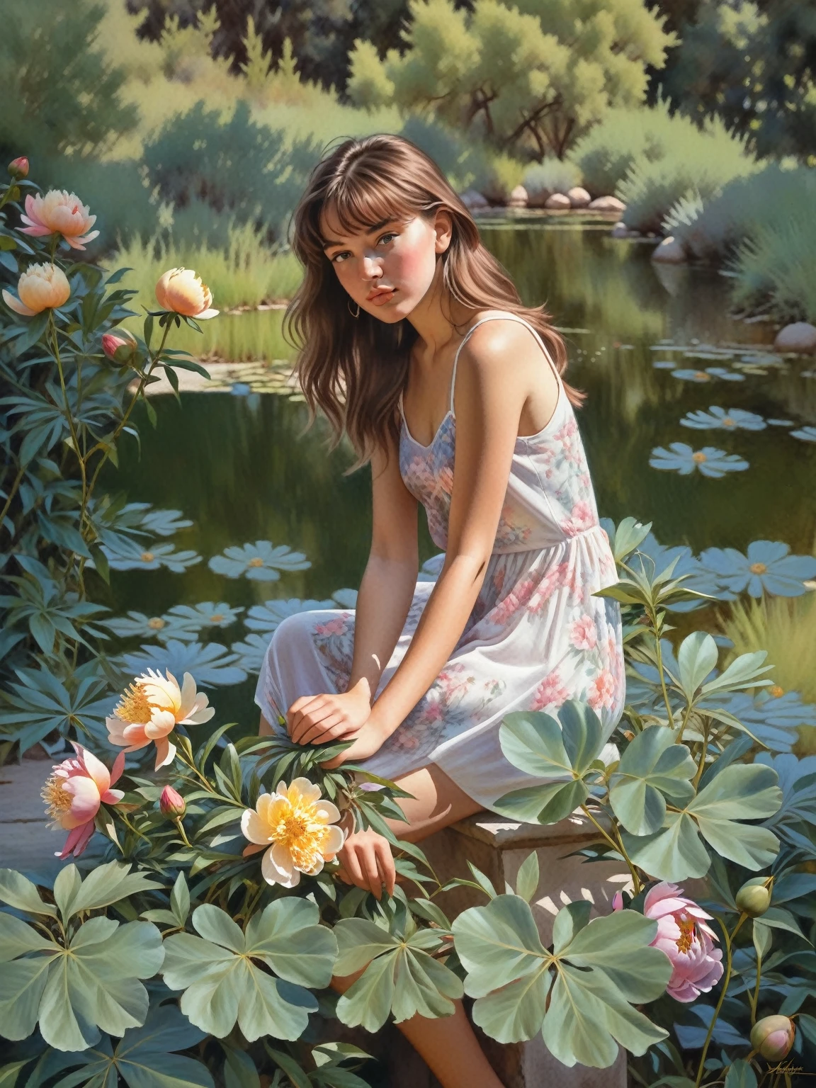 attractive young girl with peonies ((Steve Hanks style)), ((oil painting)), Bright color, ((tmasterpiece)), Impression, Extreme Detail, perspective, 8k