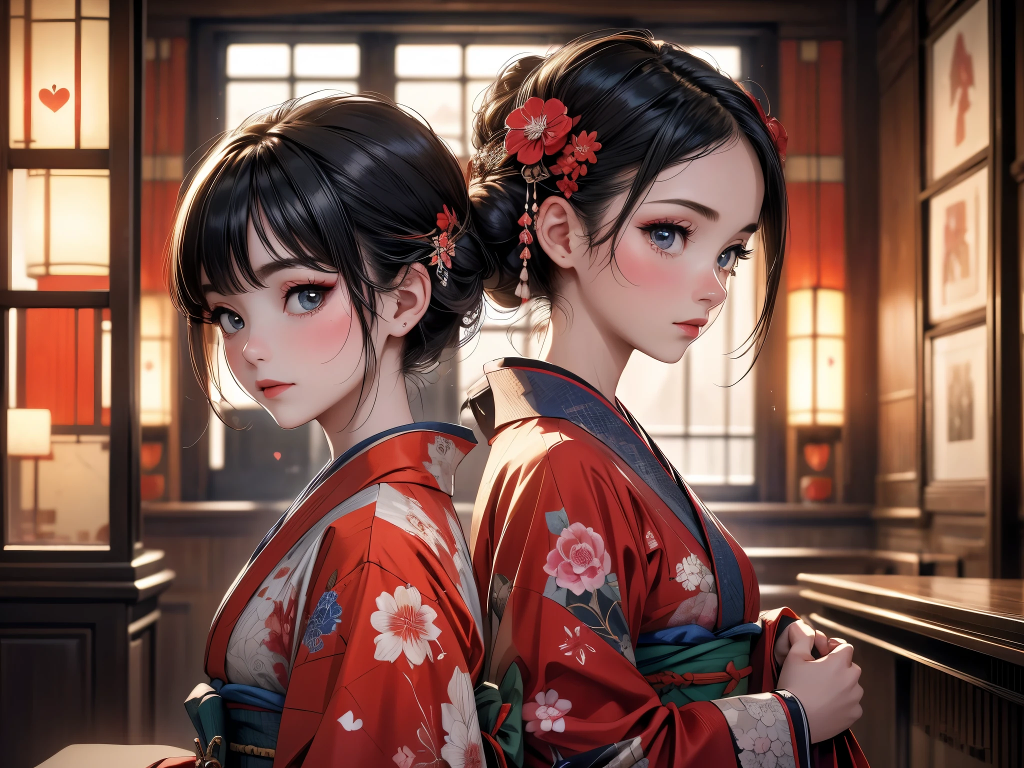 kimono, Heart, (8k, original photo, best quality, masterpiece:1.2), (actual:1.6), (masterpiece), (best quality:1.2), (Ultra-high resolution:1.2), detail, 1940s, one, detail beautiful skin, detail room, actual skin