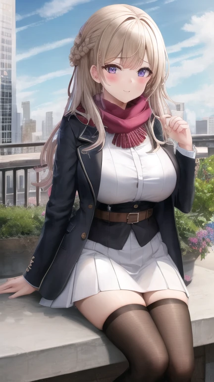 masterpiece, best quality, 1girl, sitting, city, white hair, long hair, purple eyes, buttoned shirt, jacket, scarf, skirt, thigh highs