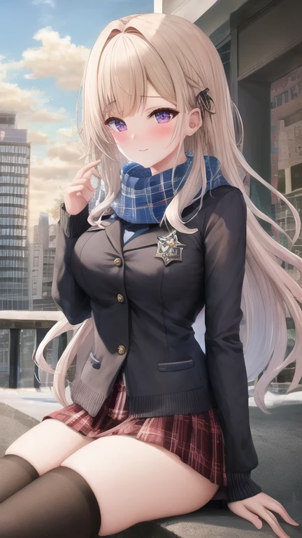 masterpiece, best quality, 1girl, sitting, city, white hair, long hair, purple eyes, buttoned shirt, jacket, scarf, skirt, thigh highs