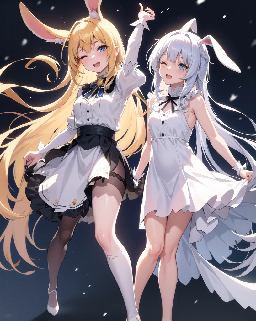 Rabbit ears, tickling, tickling, laughter, close contact, lily, flirting, fusion of school swimsuit and garter belt, pigtails, small, female brat, thick eyebrows, thin waist, beautiful blonde, braid, (masterpiece), ((highest quality)), (super detailed), two girls, (beautiful eyes)), beautiful detailed eyes, clean and detailed face, five fingers, textile shading, perfect anatomy,