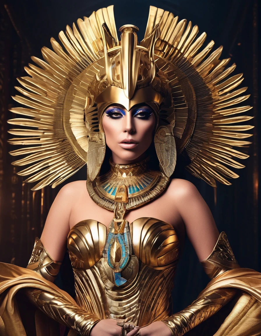 Lady Gaga dressed in a hyper-extravagant Egyptian goddess Ra costume (representing the sun) (best qualityer, realisitic, realisitic,, (Highly detailed face and skin texture), (fully body), (Complicated Detail: 1.2), (finely detail), (Complicated Detail), (cinematic lights, luz de fundo de best qualityer), lines sharp, sharp focus, offcial art, unity 8k wallpaper , absurdrez, unbelievably absurd, huge filesize, ultra girl , Fantasyart, RTX,((Closing-up photo by award-winning studio)), , (Shut your mouth), , perfect hands, beautiful detailed eyes, rosto perfeito fully body)