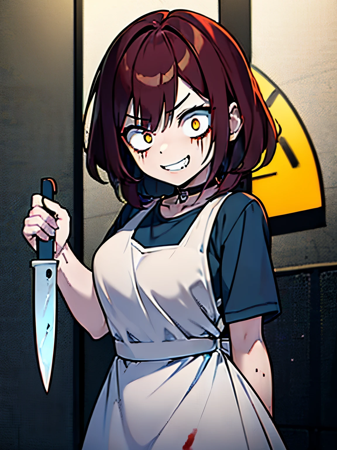 (masterpiece:1.3) 1girl, (female serial killer:1.5) (skinny with an ugly double_chin:1.3) working at Walmart, wearing an apron with topless under the apron, wide eyes, blood stains on clothes, short khaki shorts, big evil smile, (holding a knife:1.3), horror Walmart  background, florescent grocery store lighting, deep shadows , extreme details, , complimentary lighting colors, deep skin, , brightly colored composition, "constricted pupils, small pupils, yellow glowing eyes", (horror realistic animation style), knife, bottomheavy, ((Knife Wielding)