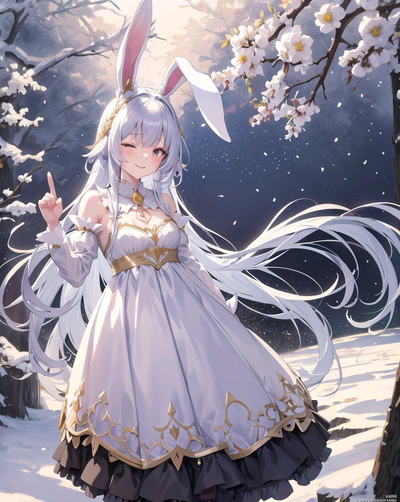 masterpiece, Highest quality, One personの女の子, One person, singing:1.4, Mouth wide open:1.2, Eyes closed, Surrounded by the music score of light:1.4, Shiny pale yellow, Right hand raised to the side, Left hand placed on chest:1.2, Small breasts.Long hair in the snow, Wearing a dress, skirt, フレアskirt, smile, Anime Fantasy, Flowing white hair, Fantasy Anime,Bunny ears:1.5. Ethereal Anime, Beautiful anime art, Beautiful digital art, Anime Fantasyアートワーク, Anime Fantasyアートワーク, Sheet, Exact finger count:1.3, like a maiden in the grass