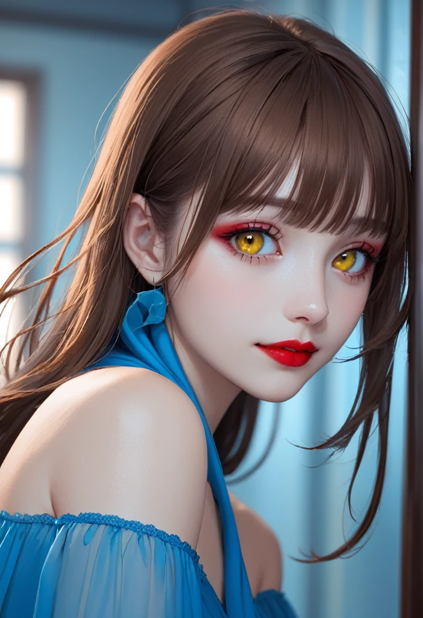 1girl, alone, long hair, looking at viewer, smile, bangs, brown hair, closed mouth, yellow eyes, upper body, blurry, sideways, makeup, lipstick, portrait, red lips, blue dress, bare shoulders, Light blue scarf, indoors,Away from the lurker,