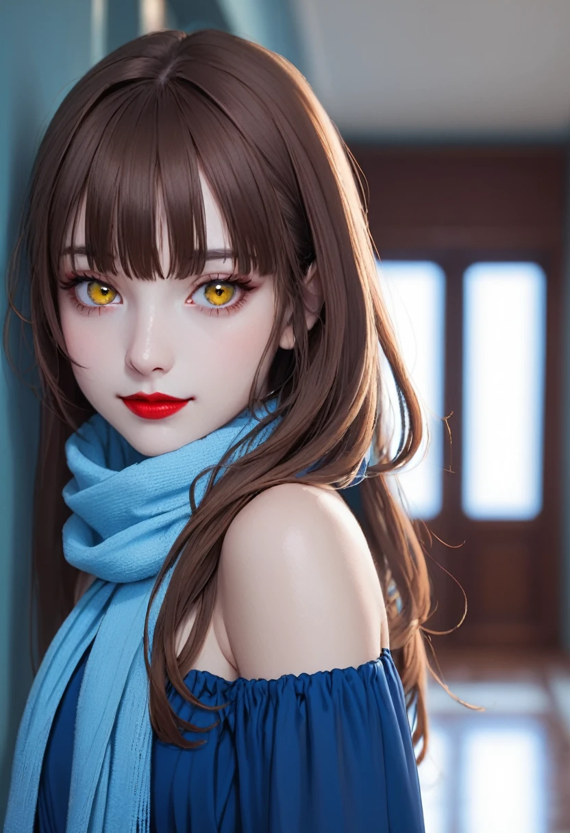 1girl, alone, long hair, looking at viewer, smile, bangs, brown hair, closed mouth, yellow eyes, upper body, blurry, sideways, makeup, lipstick, portrait, red lips, blue dress, bare shoulders, Light blue scarf, indoors,Away from the lurker,