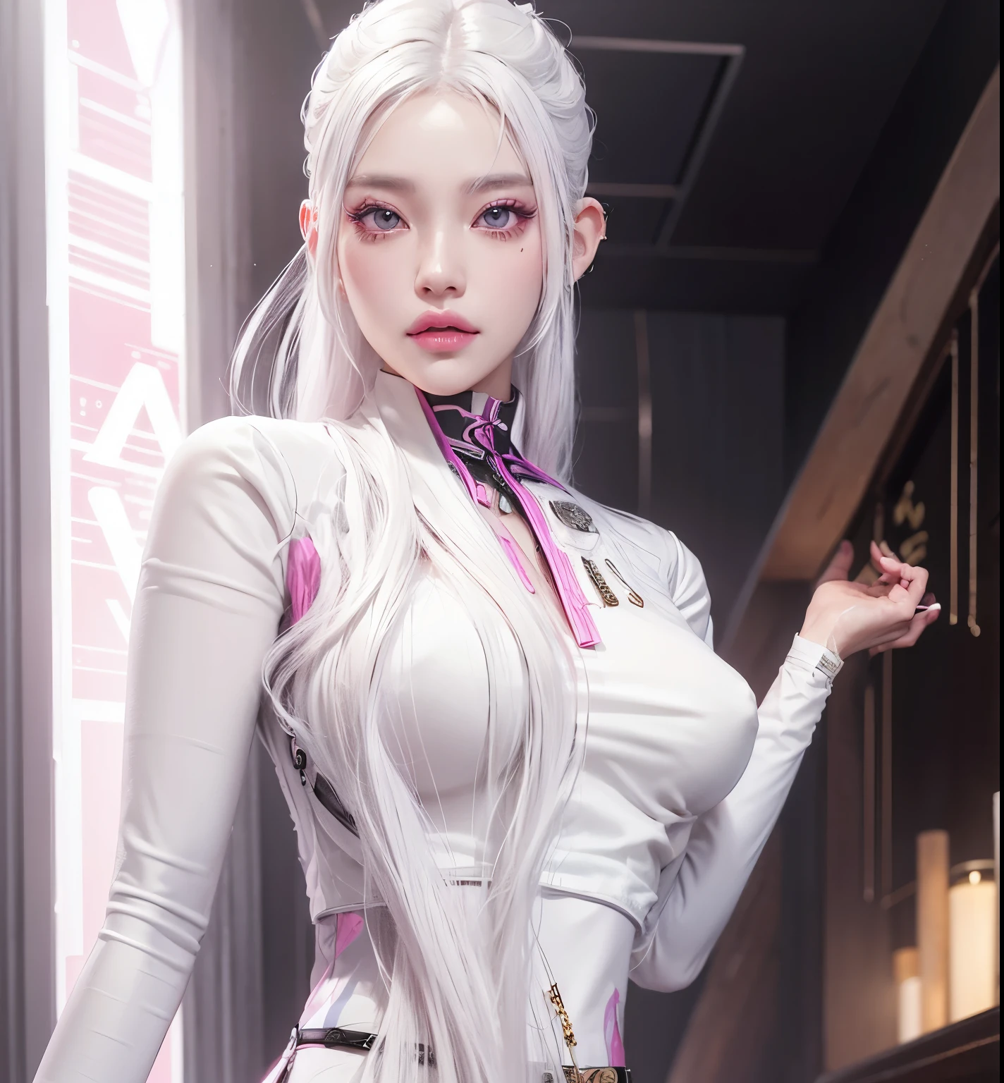 aVATAR SECOND LIFE Korean girl wearing pink blouse, White hair, White hair, White hair, Asian, Perfect and detailed face, imvu, maximalist details, AVATAR SECOND LIFE Korean blusa , neon
