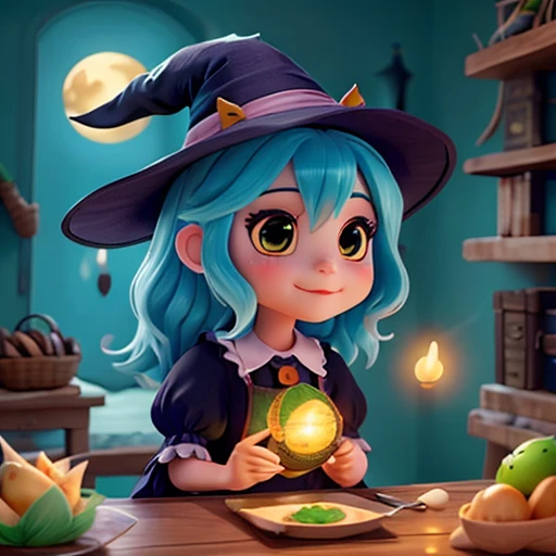 há uma witch em uma ilha com peixe na mão,art cg,witch,portraite,arte kawaii