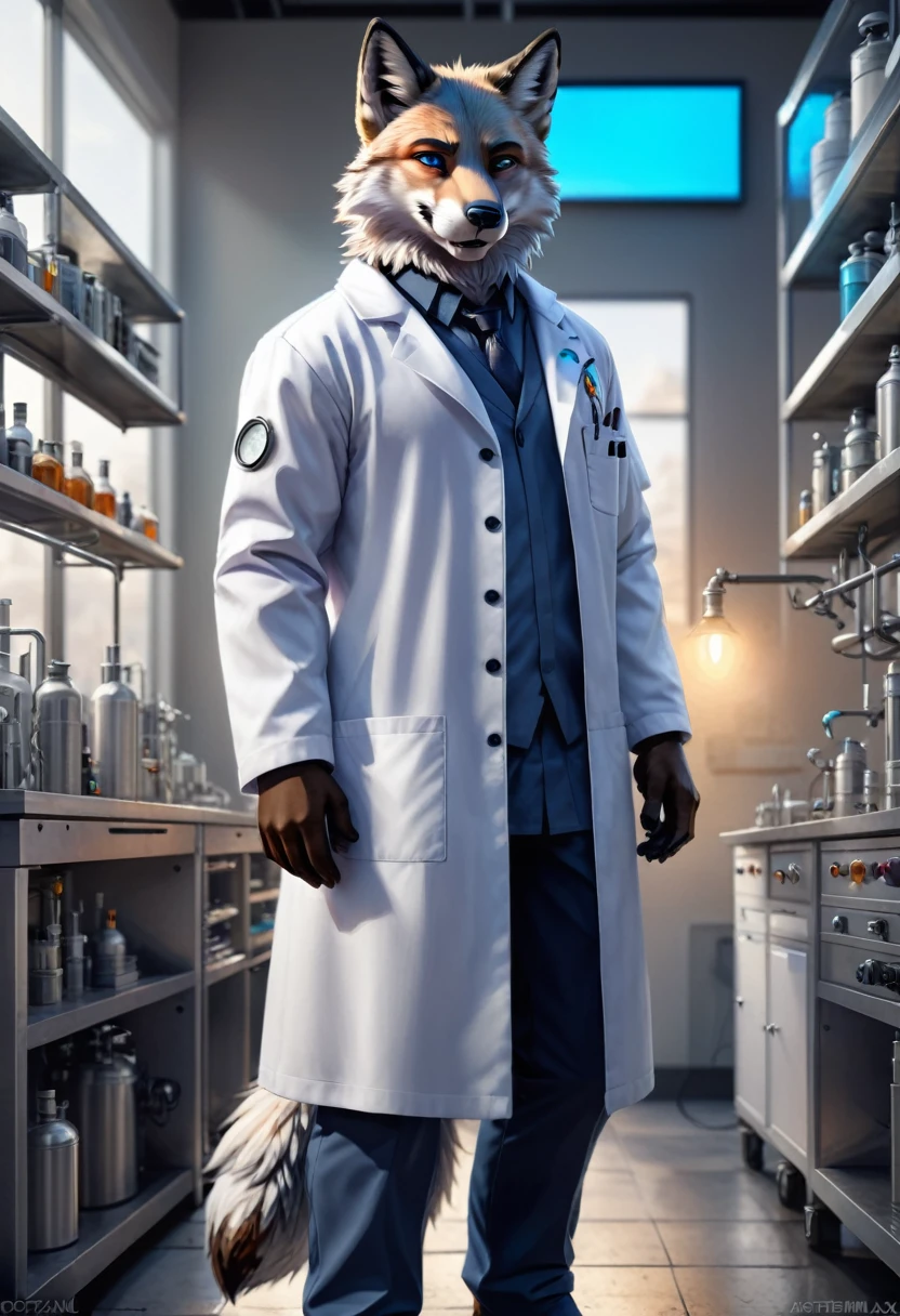 furry character, full body, male, fox, teen, lab coat, detailed background, 8K, (masterpiece:1.5), intricate details, highly detailed, extreme detail, octane render, fine art, best quality, highres, (detailed face:1.5), ((full_body)), UHD, (((perfect hands))),looking at viewer, ArtemisiaXL, holding portal gun