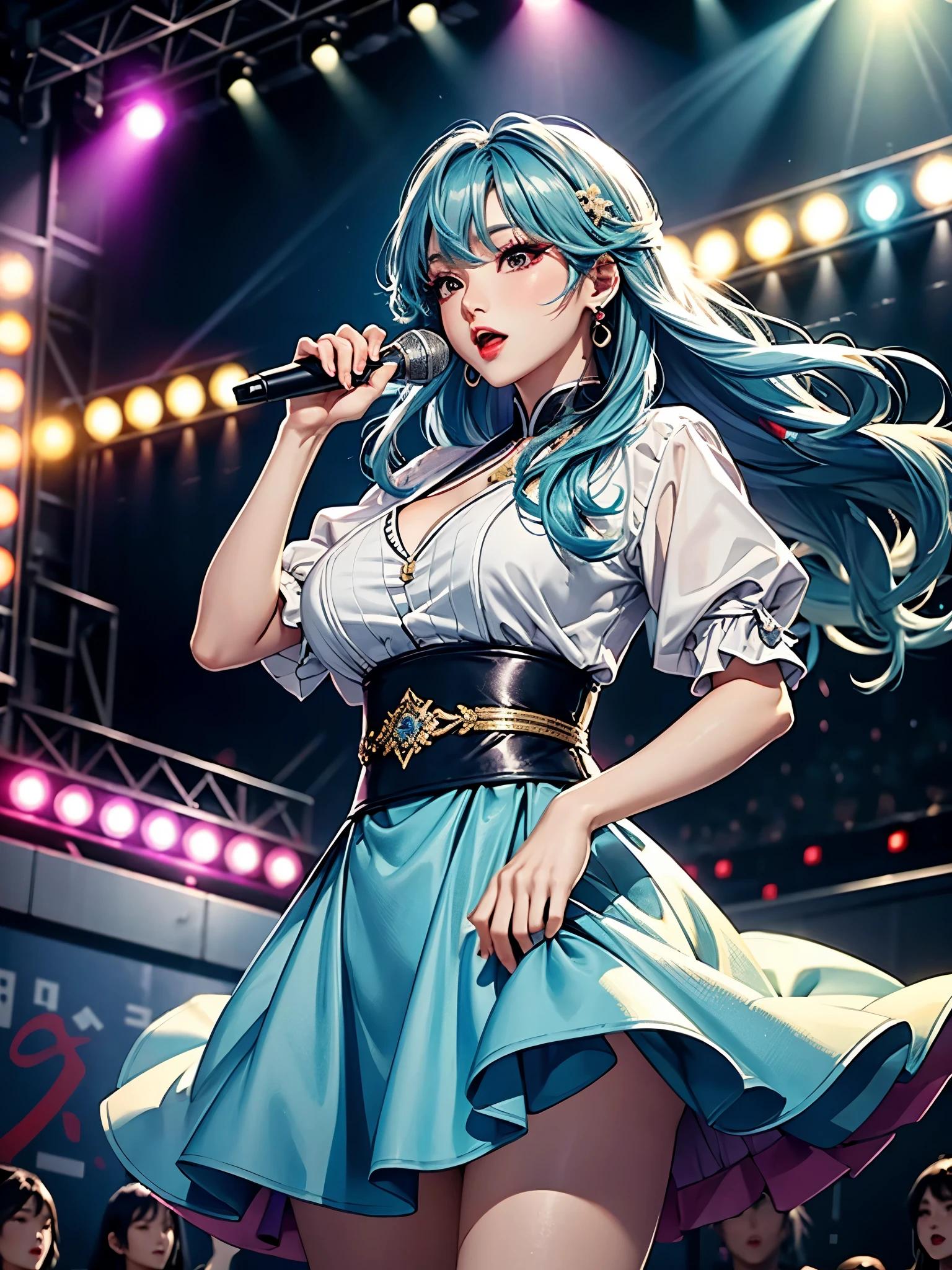 1 lady only, k-pop artist, korean singing idol, (Sing:1.2) (dynamic posing:1.2), (Colorful fashion icon outfits), Mature women, (Long hair gradient sky blue hair) (best quality:1.2), Exquisite illustrations, Super detailed, Large Breasts, rest, (Hold the microphone) , one hand raised, 熱情的Sing, rest, (large music stage) Indoors, Year-end music concert, Spotlights of various colors, audience