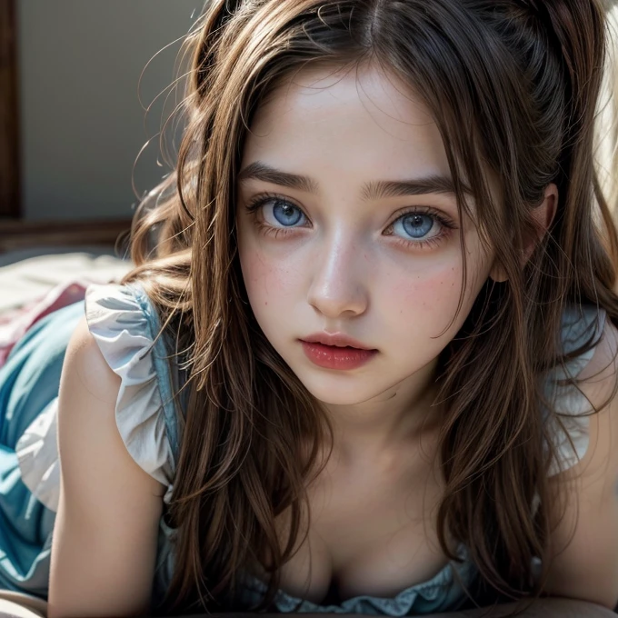 emily rudd, in Alice in Wonderland , ultra realistic high quality image, White skin, Red lips, blue eyes, White dress, 
