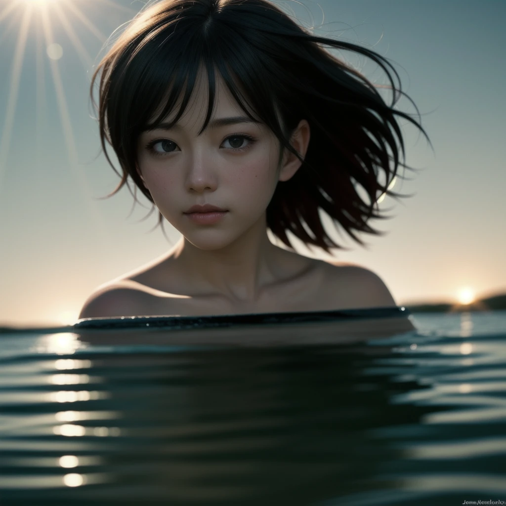 Beautiful Young Female ,Short hair ,Lake, extremely delicate and beautiful,Outstanding light and shadow, highly detailed wallpaper,Clear and bright sunlight, Professional portrait, Semi-nude photography, close up portrait of bathing in a lake, reeds, (backlighting) Sparkling water surface, Soaked in water, Wearing (beltbra), Upper breasts, lens flare, Shade, bloom, [chromatic aberration], by Jeremy Lipking, digital painting, (((Misako Renbutsu))) 8K TopQuality Masterpiece