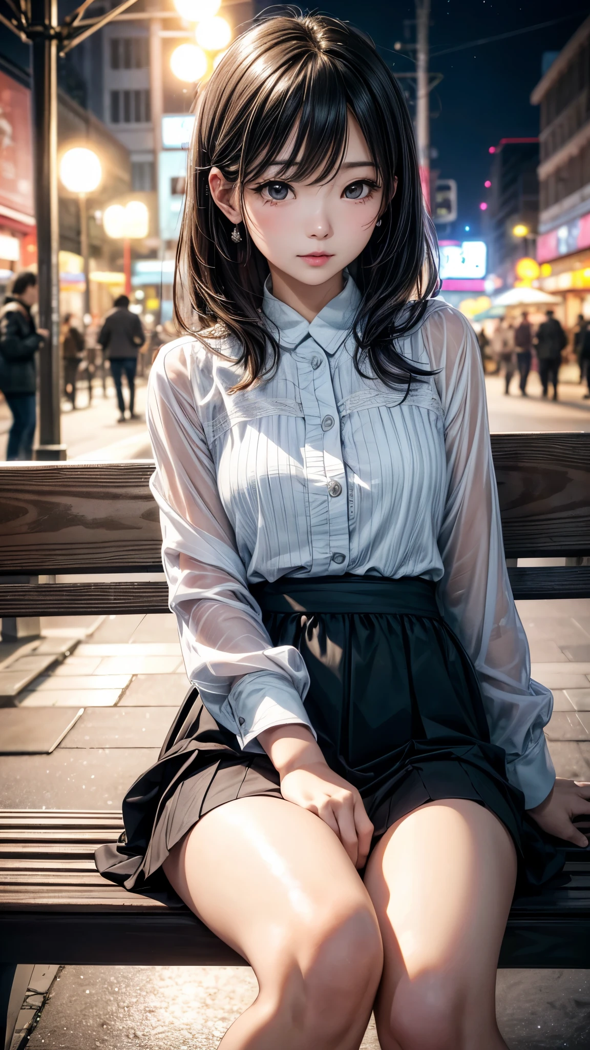 Korean woman sitting on a park bench, night light, city lights, moonlight, 4K at night, Fuji XT3, 8k, Maximum results, Photographed with a Kodak camera, Winning photo, (超Reality主義:1.5), (best quality:1.5), Reality, Delicate skin texture, masterpiece, (Reality:1.4), original photo,  perfect shade, Reality主義, photography,facial detail texture, Delicate lip texture, Detail ears, Attention to detail,  Depth of Field,