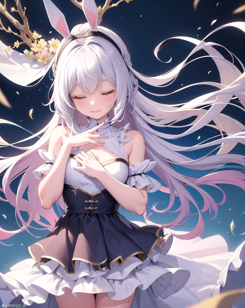 masterpiece, Highest quality, One personの女の子, One person, Sleep in a soft bed, Luxurious bed, Eyes closed, Hands placed on chest:1.2, Small breasts.Long hair in the snow, Wearing a dress, skirt, フレアskirt, smile, Anime Fantasy, Flowing white hair, Fantasy Anime,Bunny ears:1.5. Ethereal Anime, Beautiful anime art, Beautiful digital art, Anime Fantasyアートワーク, Anime Fantasyアートワーク, Sheet, Exact finger count:1.3, like a maiden in the grass