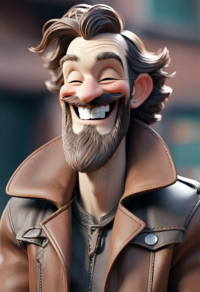 Laughing man wear leather jacket with beard