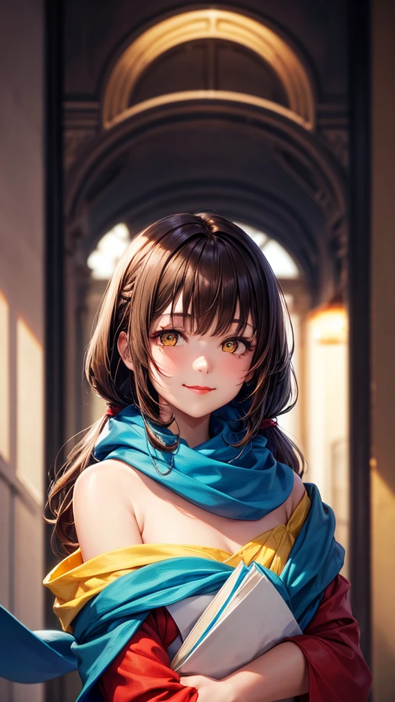 1girl, alone, long hair, looking at viewer, smile, bangs, brown hair, closed mouth, yellow eyes, upper body, blurry, sideways, makeup, lipstick, portrait, red lips, blue dress, bare shoulders, Light blue scarf, indoors,