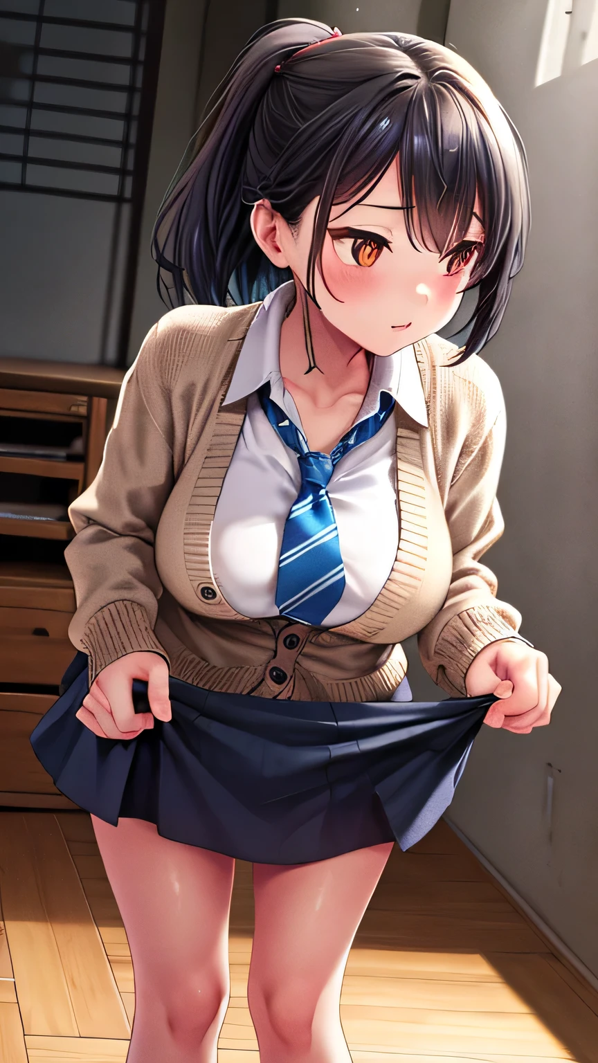 (Very detailed CG Unity 8K 壁紙),(masterpiece), (Highest quality), (Very detailed), (Best illustrations),(Best Shadow), Large Breasts,16 years old,Leaning forward、White blouse,Blue tie,Checked mini skirt（Holding panties、Showing your audience）,beige cardigan,Dynamic Angle