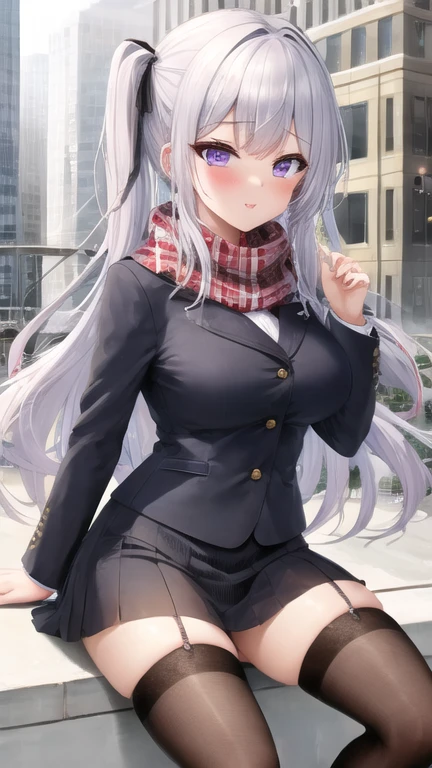 masterpiece, best quality, 1girl, sitting, city, white hair, long hair, purple eyes, buttoned shirt, jacket, scarf, skirt, thigh highs