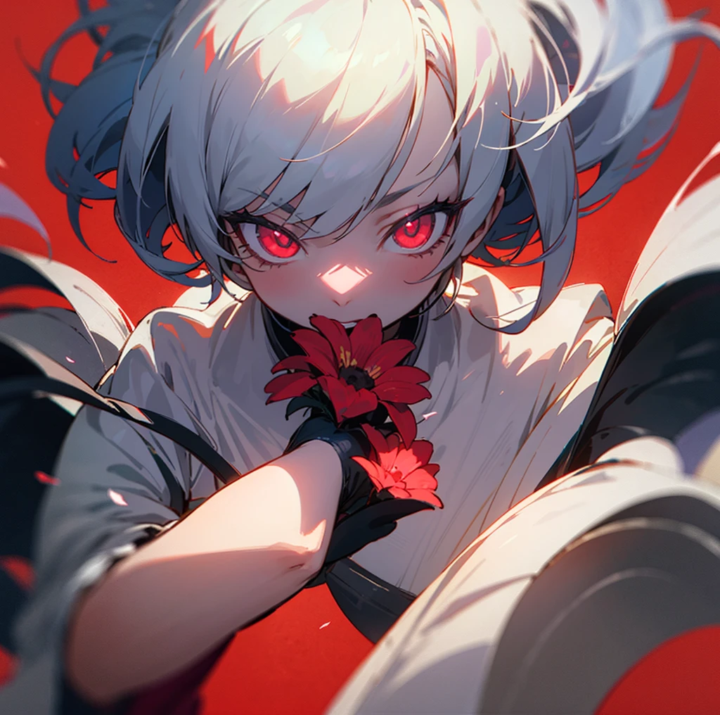 Demon animw girl with background, in hell, with flower soul in the back ground.  red background, soul in her hand glowing
